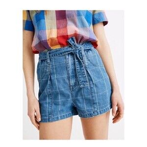 Madewell Windowpane Paperbag Denim Shorts in Indigo Blue